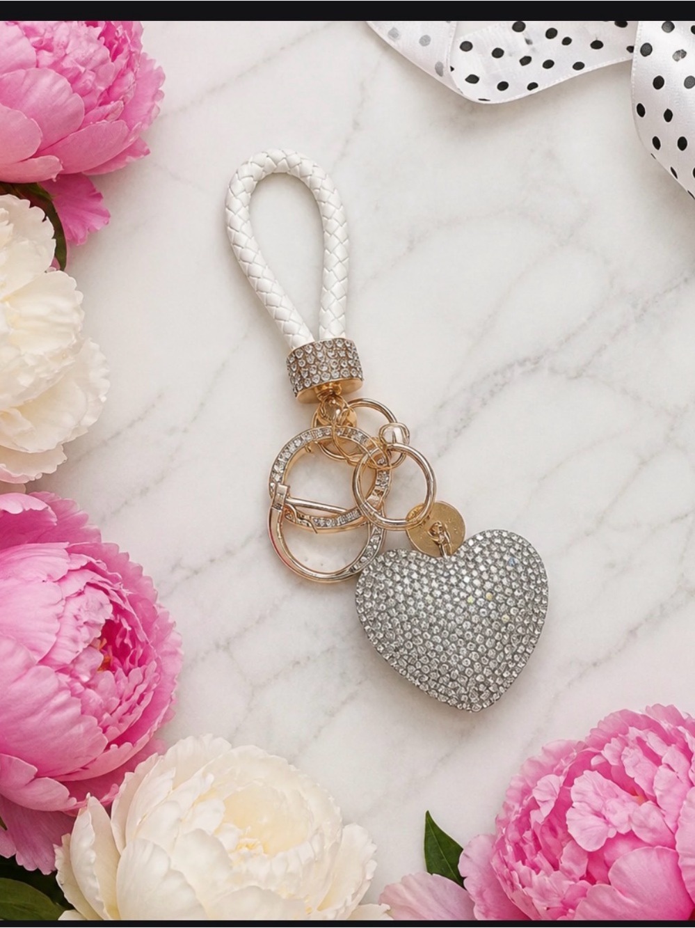 Crystal Heart Keychain Wristlet - White and Silver NWOT